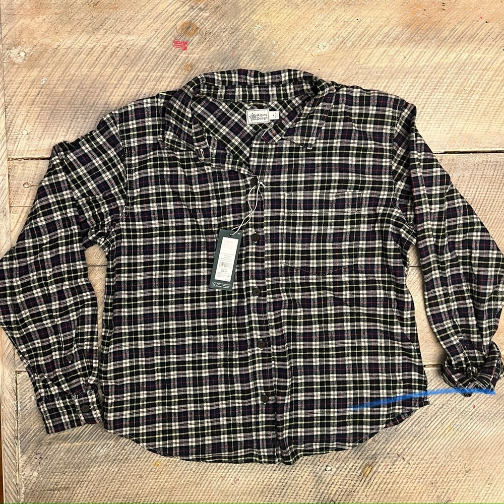 Alpine Design Women's Medium Midweight Flannel Shirt Navy Cream Plaid NWT - Picture 1 of 10